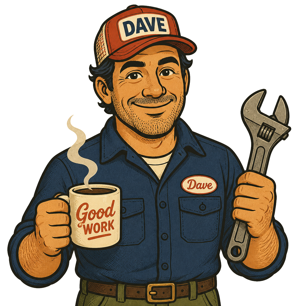 Dave, the friendly mascot, holding a coffee mug and a wrench